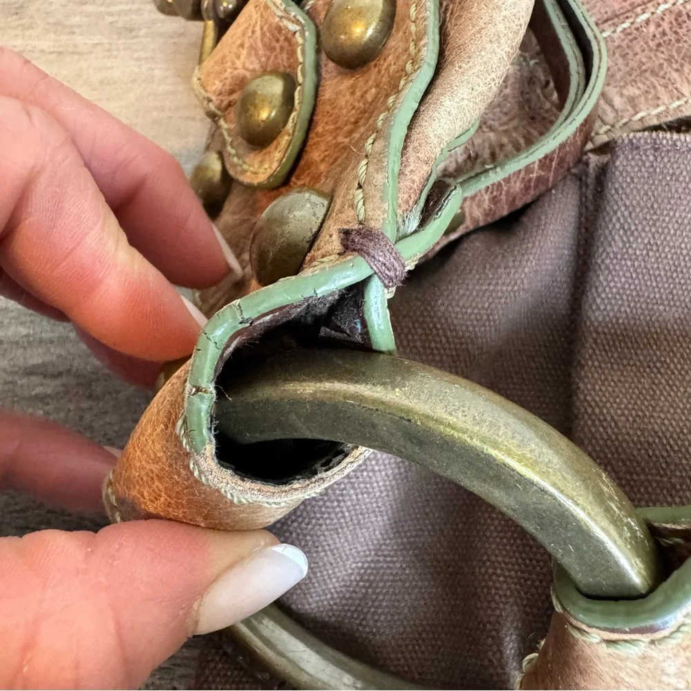 Isabella Fiore Oasis Hobo Brown Distressed Leather Brass Studded Shoulder Bag - Picture 12 of 16